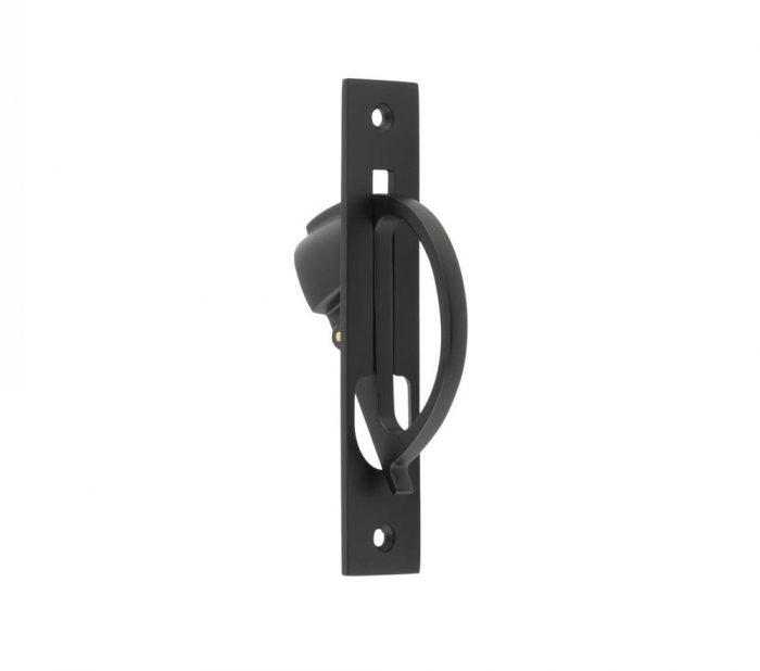 A single black pocket door hardware item