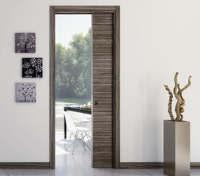 A brown pocket door