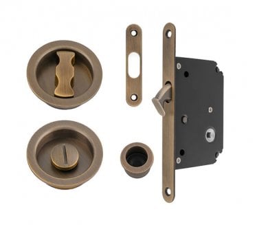 A&W AW110 Round Sliding Pocket Door Bathroom Lock Set - Antique Brass