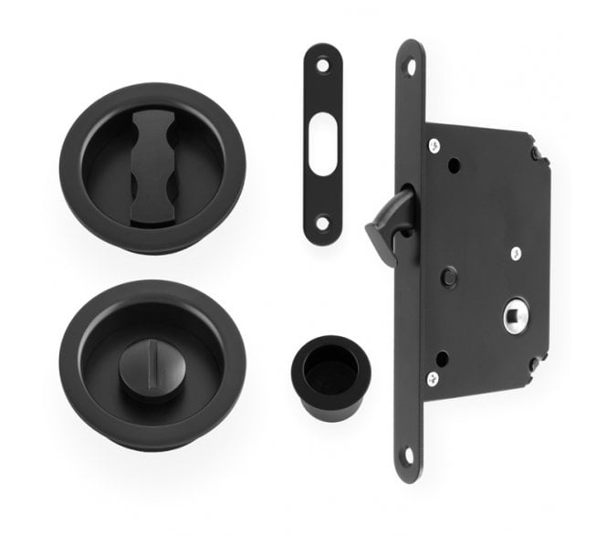 A&W AW110 Round Sliding Pocket Door Bathroom Lock Set - Black