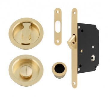A&W AW110 Round Sliding Pocket Door Bathroom Lock Set - Satin Brass