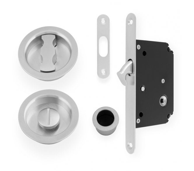 A&W AW110 Round Sliding Pocket Door Bathroom Lock Set - Satin Chrome