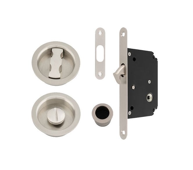 A&W AW110 Round Sliding Pocket Door Bathroom Lock Set - Satin Nickel