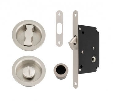 A&W AW110 Round Sliding Pocket Door Bathroom Lock Set - Satin Nickel