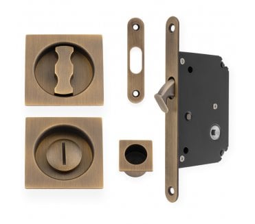 A&W AW111 Square Sliding Pocket Door Bathroom Lock Set - Antique Brass