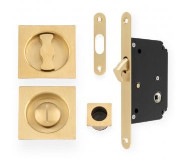 A&W AW111 Square Sliding Pocket Door Bathroom Lock Set - Satin Brass