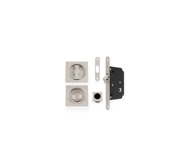 A&W AW111 Square Sliding Pocket Door Bathroom Lock Set - Satin Nickel