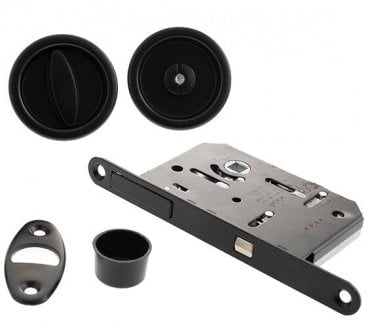 AGB Round Flush Pull Sliding Door Bathroom Lock Set - Matt Black