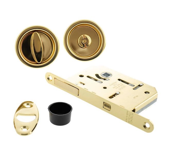 AGB Round Flush Pull Sliding Door Bathroom Lock Set - Polished Brass