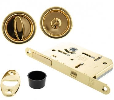 AGB Round Flush Pull Sliding Door Bathroom Lock Set - Polished Brass