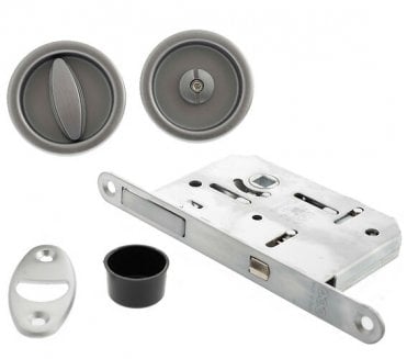 AGB Round Flush Pull Sliding Door Bathroom Lock Set - Satin Chrome