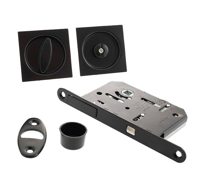 AGB Square Flush Pull Sliding Door Bathroom Lock Set - Matt Black