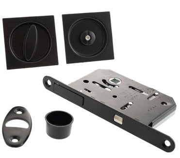 AGB Square Flush Pull Sliding Door Bathroom Lock Set - Matt Black