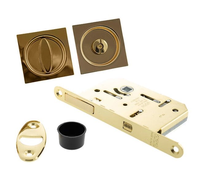 AGB Square Flush Pull Sliding Door Bathroom Lock Set - Polished Brass