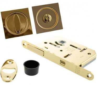 AGB Square Flush Pull Sliding Door Bathroom Lock Set - Polished Brass