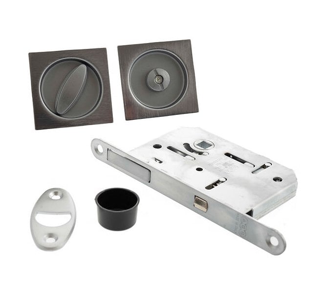 AGB Square Flush Pull Sliding Door Bathroom Lock Set - Satin Chrome