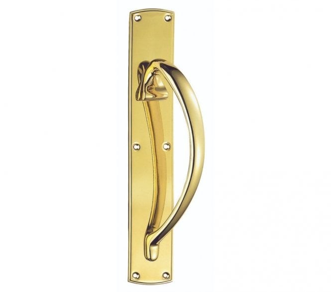 Carlisle Brass PF100 Large Entrance Pull Handle On 457x76mm Backplate - Right Hand - Polished Brass