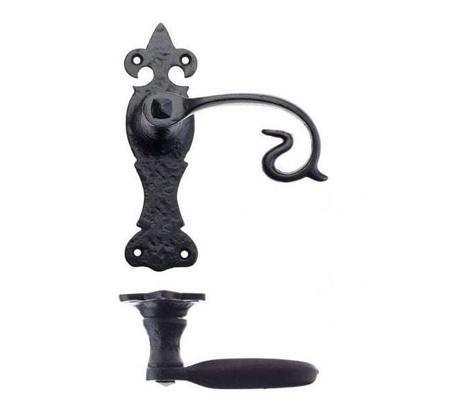 Foxcote Fleur-De-Lys Curly Tail Door Handles On Backplate - Black Antique