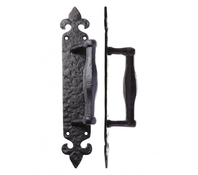 Foxcote Foundries FF74 Pull Handle on Fleur-De-Lys Backplate - Black Antique