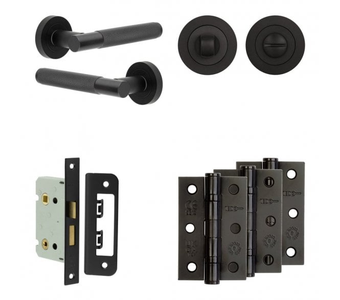 Frelan Bari Door Handle Bathroom Packs (76mm Ball Bearing Hinges x3) - Matt Black
