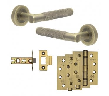 Frelan Bari Door Handle Fire Rated Latch Packs (102mm Fire Rated Hinges x3) - Antique Brass