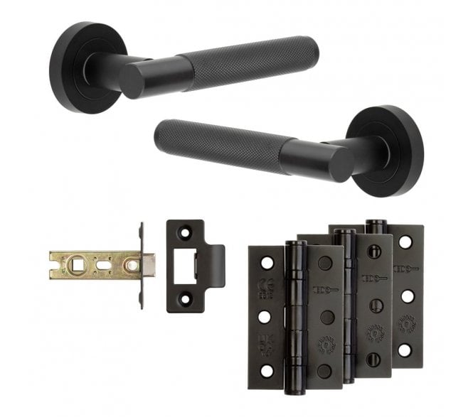 Frelan Bari Door Handle Latch Packs (76mm Ball Bearing Hinges x3) - Matt Black