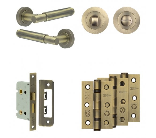 Frelan Bloom Door Handle Bathroom Packs (76mm Ball Bearing Hinges x3) - Antique Brass