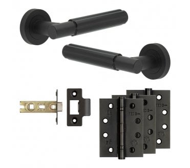 Frelan Bloom Door Handle Fire Rated Latch Packs (102mm Fire Rated Hinges x3) - Matt Black