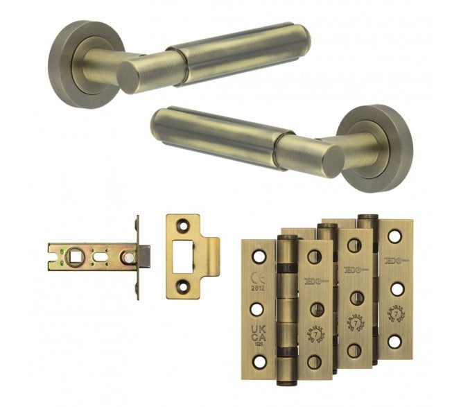 Frelan Bloom Door Handle Latch Packs (76mm Ball Bearing Hinges x3) - Antique Brass