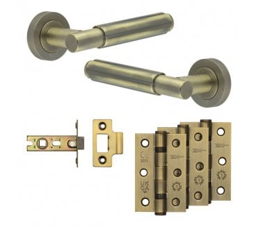 Frelan Bloom Door Handle Latch Packs (76mm Ball Bearing Hinges x3) - Antique Brass