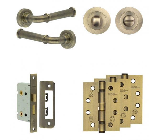 Frelan Classic Door Handle Bathroom Packs (102mm Fire Rated Hinges x3) - Antique Brass