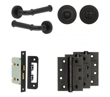 Frelan Classic Door Handle Bathroom Packs (102mm Fire Rated Hinges x3) - Matt Black
