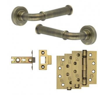 Frelan Classic Door Handle Fire Rated Latch Packs (102mm Fire Rated Hinges x3) - Antique Brass