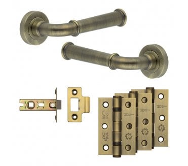 Frelan Classic Door Handle Latch Packs (76mm Ball Bearing Hinges x3) - Antique Brass