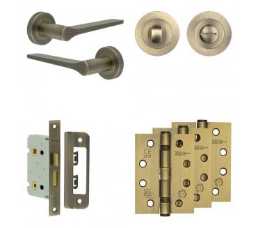 Frelan Gio Door Handle Bathroom Packs (102mm Fire Rated Hinges x3) - Antique Brass
