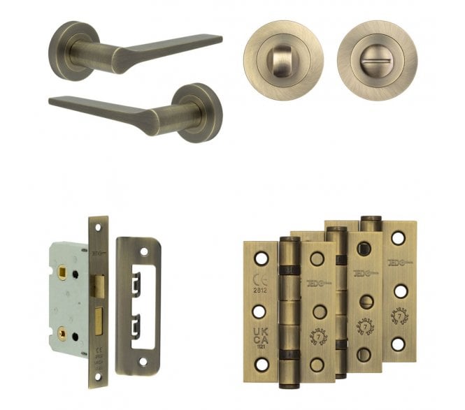 Frelan Gio Door Handle Bathroom Packs (76mm Ball Bearing Hinges x3) - Antique Brass