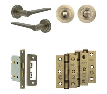Frelan Gio Door Handle Bathroom Packs (76mm Ball Bearing Hinges x3) - Antique Brass