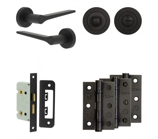 Frelan Gio Door Handle Bathroom Packs (76mm Ball Bearing Hinges x3) - Matt Black