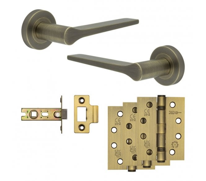 Frelan Gio Door Handle Fire Rated Latch Packs (102mm Fire Rated Hinges x3) - Antique Brass