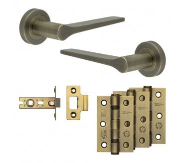 Frelan Gio Door Handle Latch Packs (76mm Ball Bearing Hinges x3) - Antique Brass
