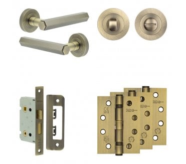 Frelan Hex Door Handle Bathroom Packs (102mm Fire Rated Hinges x3) - Antique Brass