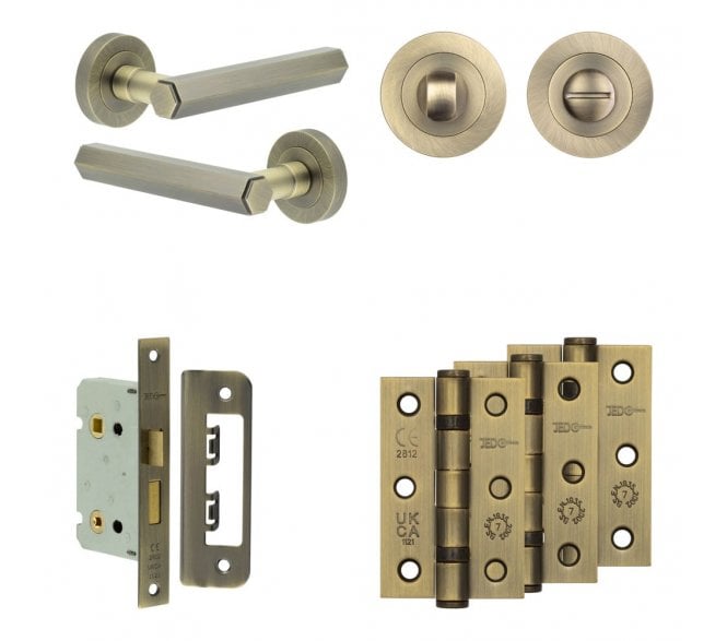 Frelan Hex Door Handle Bathroom Packs (76mm Ball Bearing Hinges x3) - Antique Brass