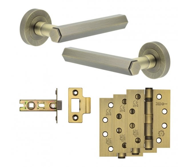 Frelan Hex Door Handle Fire Rated Latch Packs (102mm Fire Rated Hinges x3) - Antique Brass