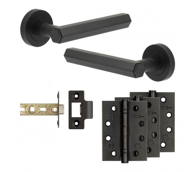 Frelan Hex Door Handle Fire Rated Latch Packs (102mm Fire Rated Hinges x3) - Matt Black