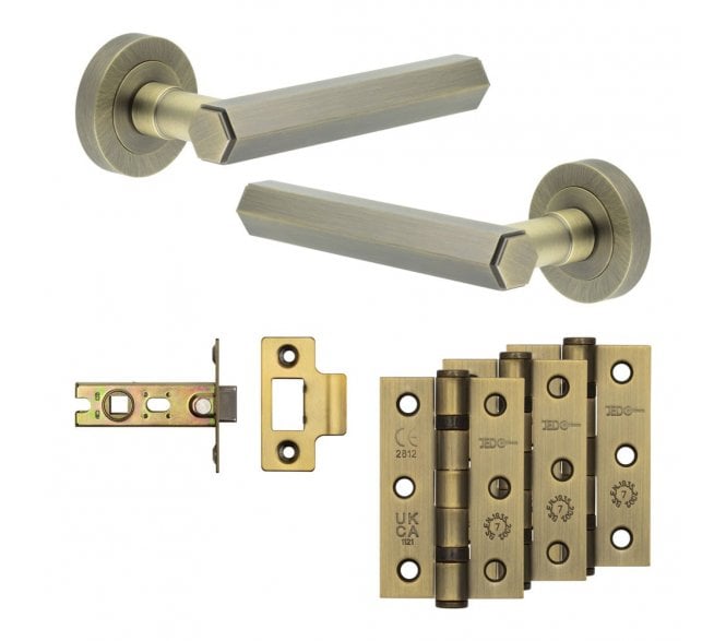 Frelan Hex Door Handle Latch Packs (76mm Ball Bearing Hinges x3) - Antique Brass