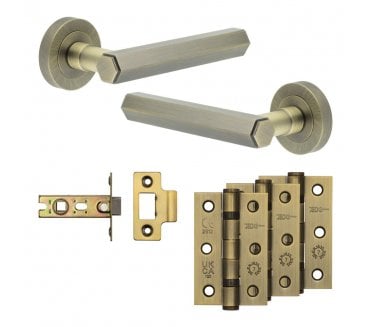 Frelan Hex Door Handle Latch Packs (76mm Ball Bearing Hinges x3) - Antique Brass