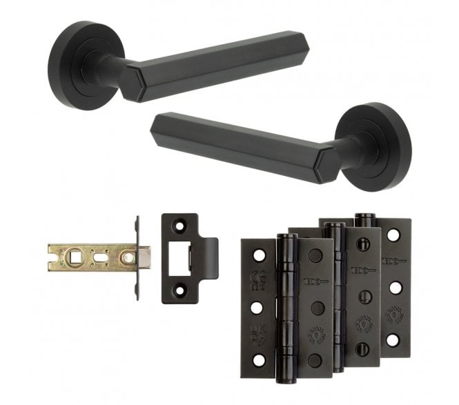 Frelan Hex Door Handle Latch Packs (76mm Ball Bearing Hinges x3) - Matt Black