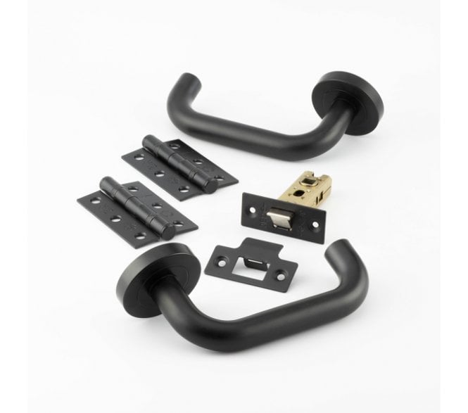 Frelan JMB13PK Orbit Matt Black Handle On Rose - Latch Pack (with hinges & latch)