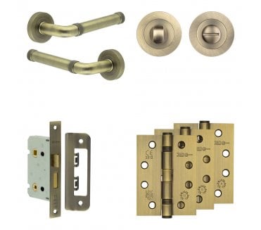 Frelan Midtown Door Handle Bathroom Packs (102mm Fire Rated Hinges x3) - Antique Brass