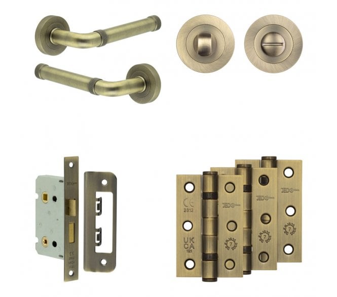Frelan Midtown Door Handle Bathroom Packs (76mm Ball Bearing Hinges x3) - Antique Brass
